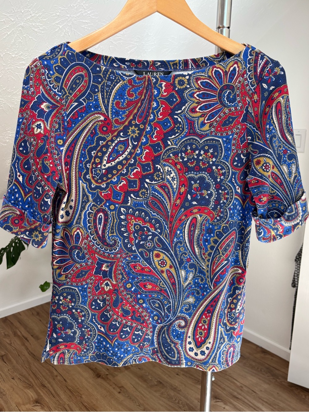 Lauren Ralph Lauren paisley stretch cotton boatneck top, large - Picture 2 of 9
